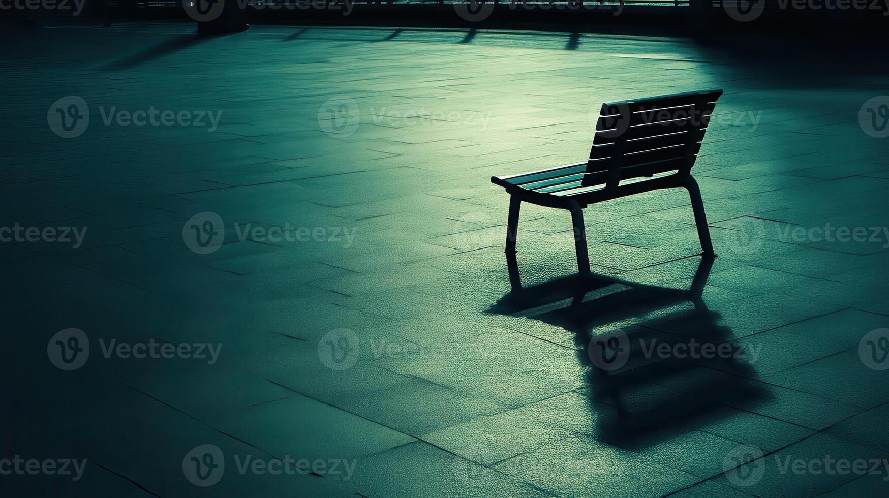 Lonely bench, night plaza, city reflection, solitude photo