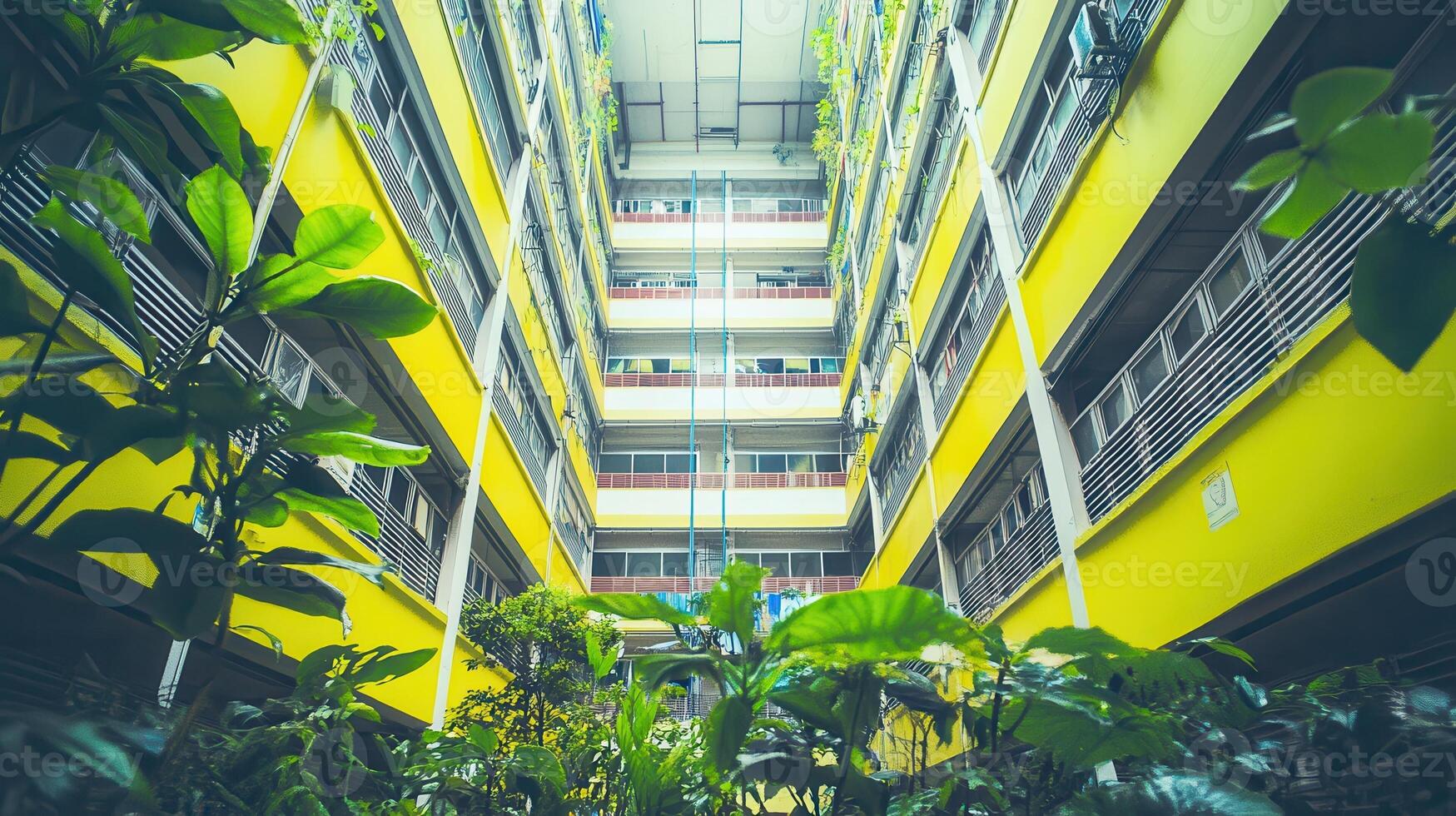 Lush Courtyard, Yellow Building, Asian City, Laundry Drying photo