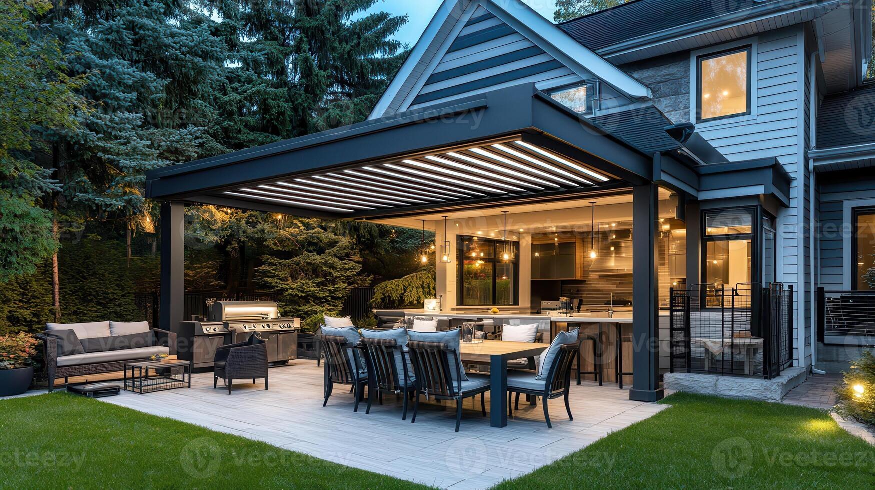 Modern backyard patio pergola, evening dinner photo