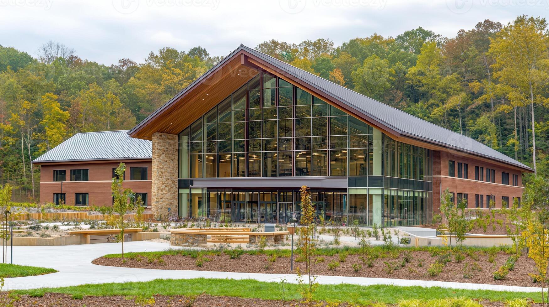 Modern building, autumn woods, open space, campus photo