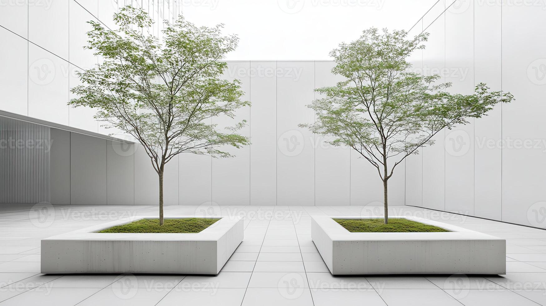 Modern courtyard, trees, minimalist design, white walls, peaceful photo