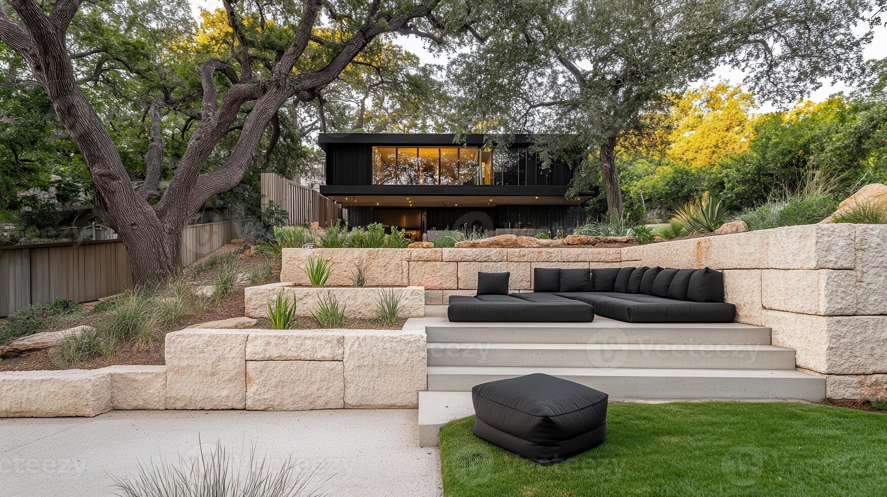 Modern home's backyard patio sunset seating photo
