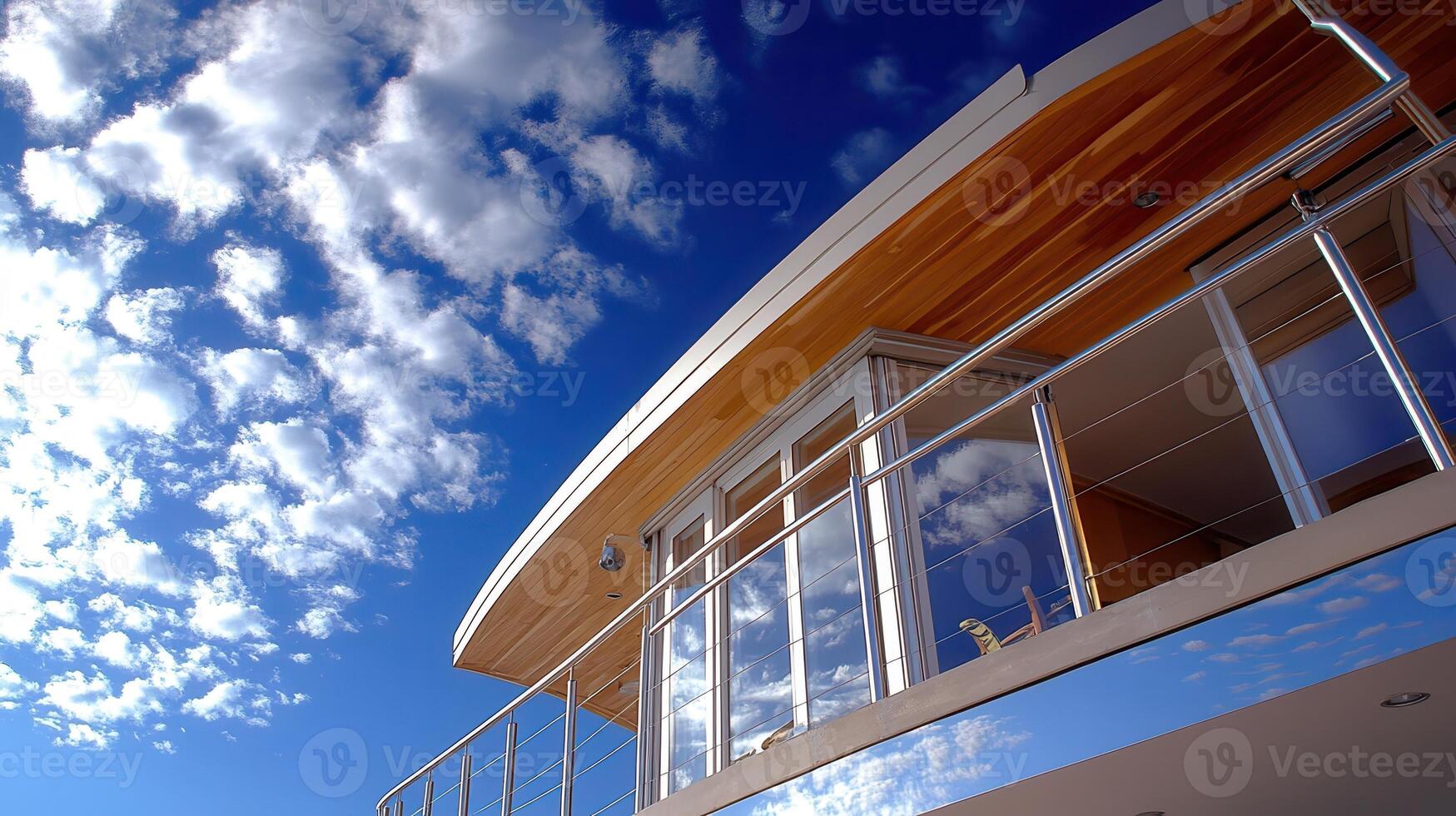 Modern house balcony, sunny sky, clouds, coastal view, real estate photo