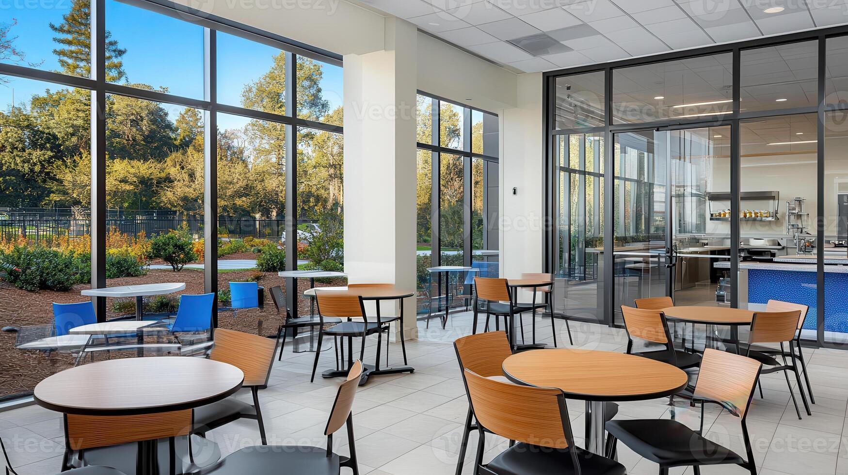 Modern office cafe, sunny courtyard view photo