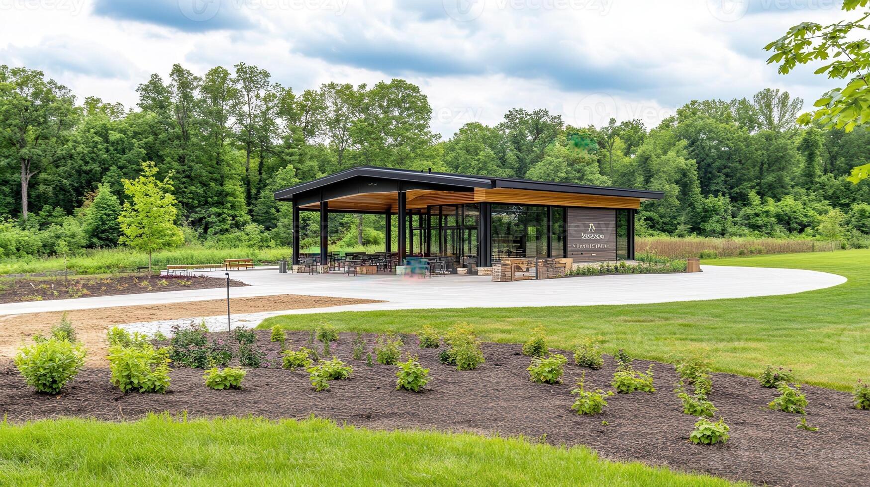 Modern park pavilion, green landscape, sunny day, woodland background, community gathering photo
