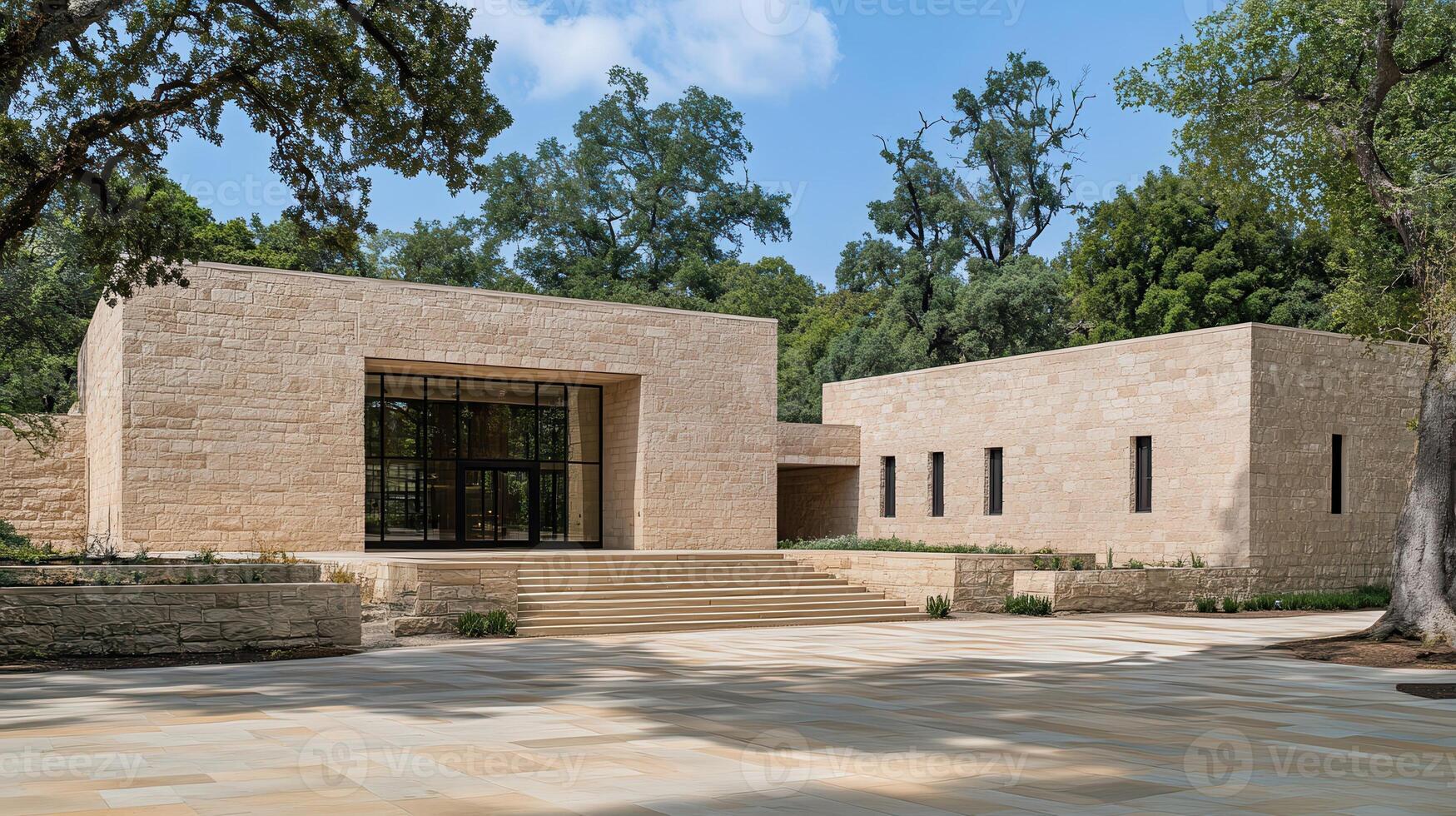 Modern stone building entrance, landscaped grounds, sunny day photo