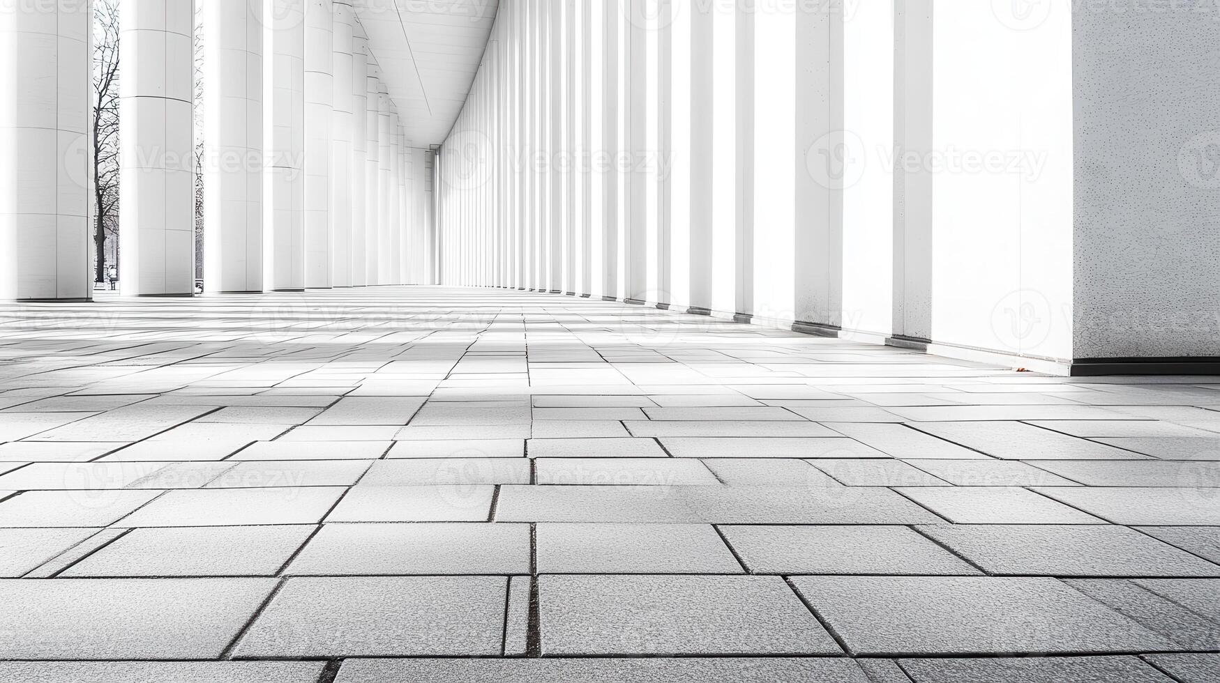 Modern white colonnade pathway, city background, architecture design photo
