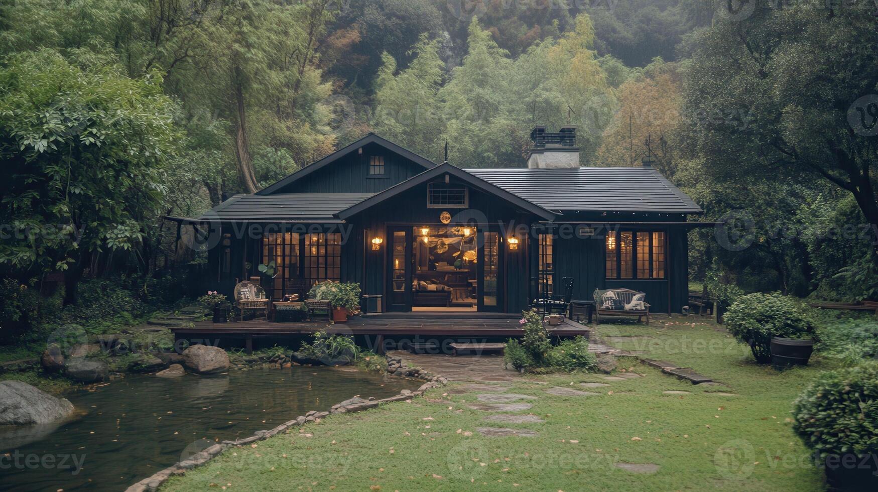 Mountain cabin, lit interior, evening, garden photo