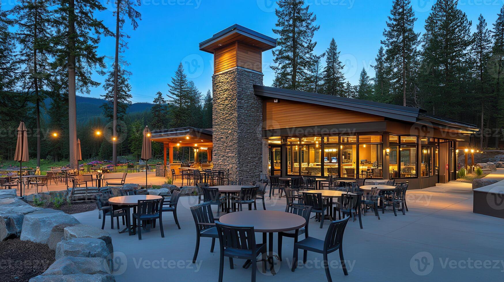 Mountain lodge patio twilight dining photo