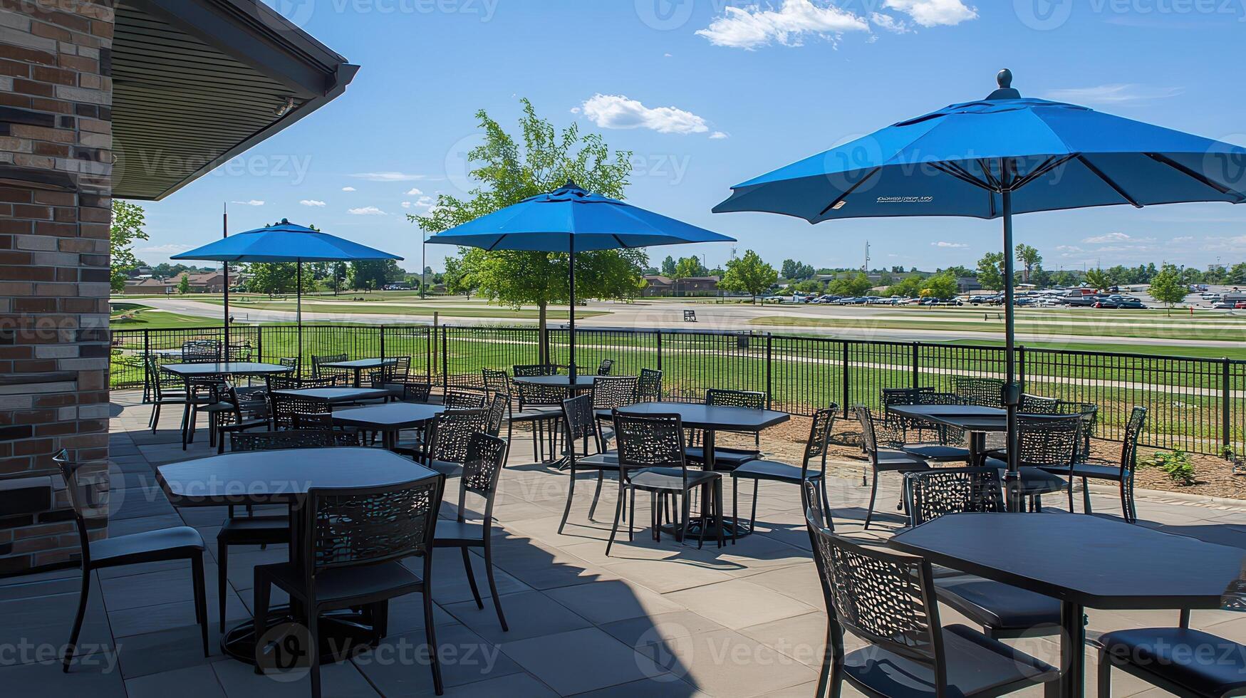Outdoor patio cafe tables sunny day photo