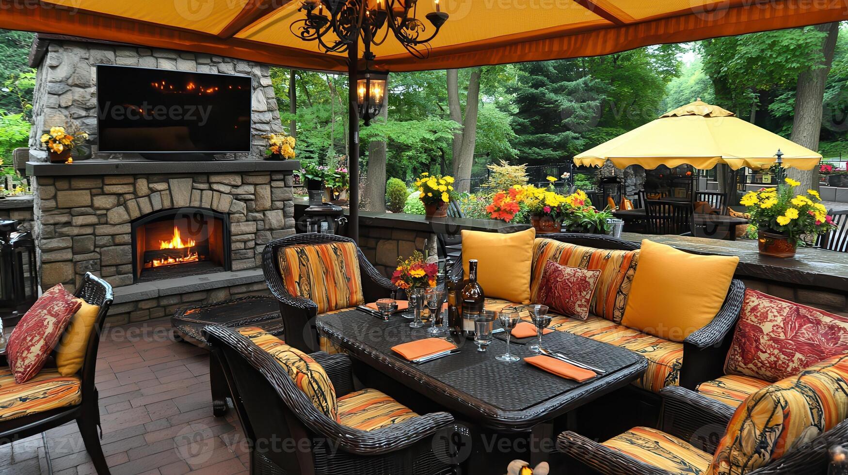 Outdoor Patio Fireplace Dining Relaxation photo