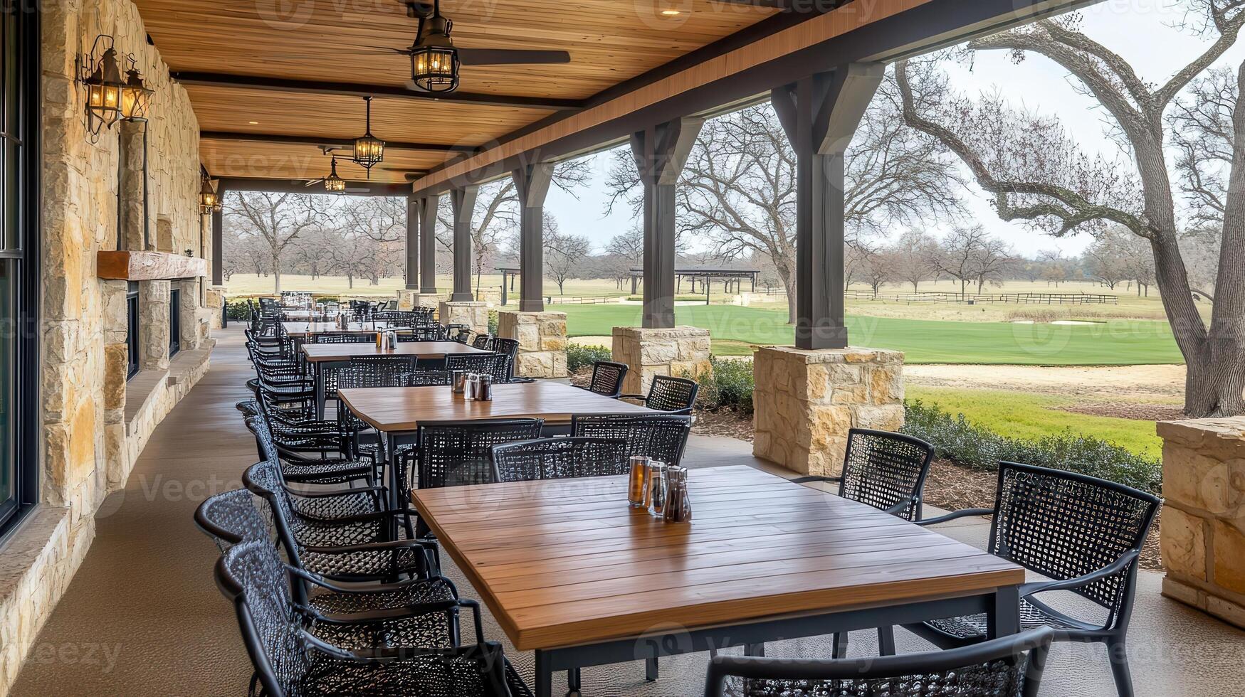 Outdoor patio dining, golf course view, spring photo