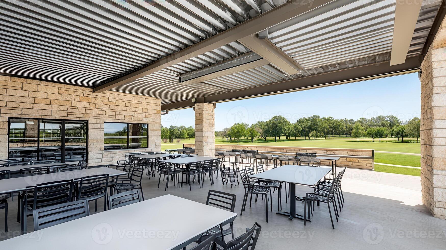 Outdoor patio restaurant overlooking golf course photo