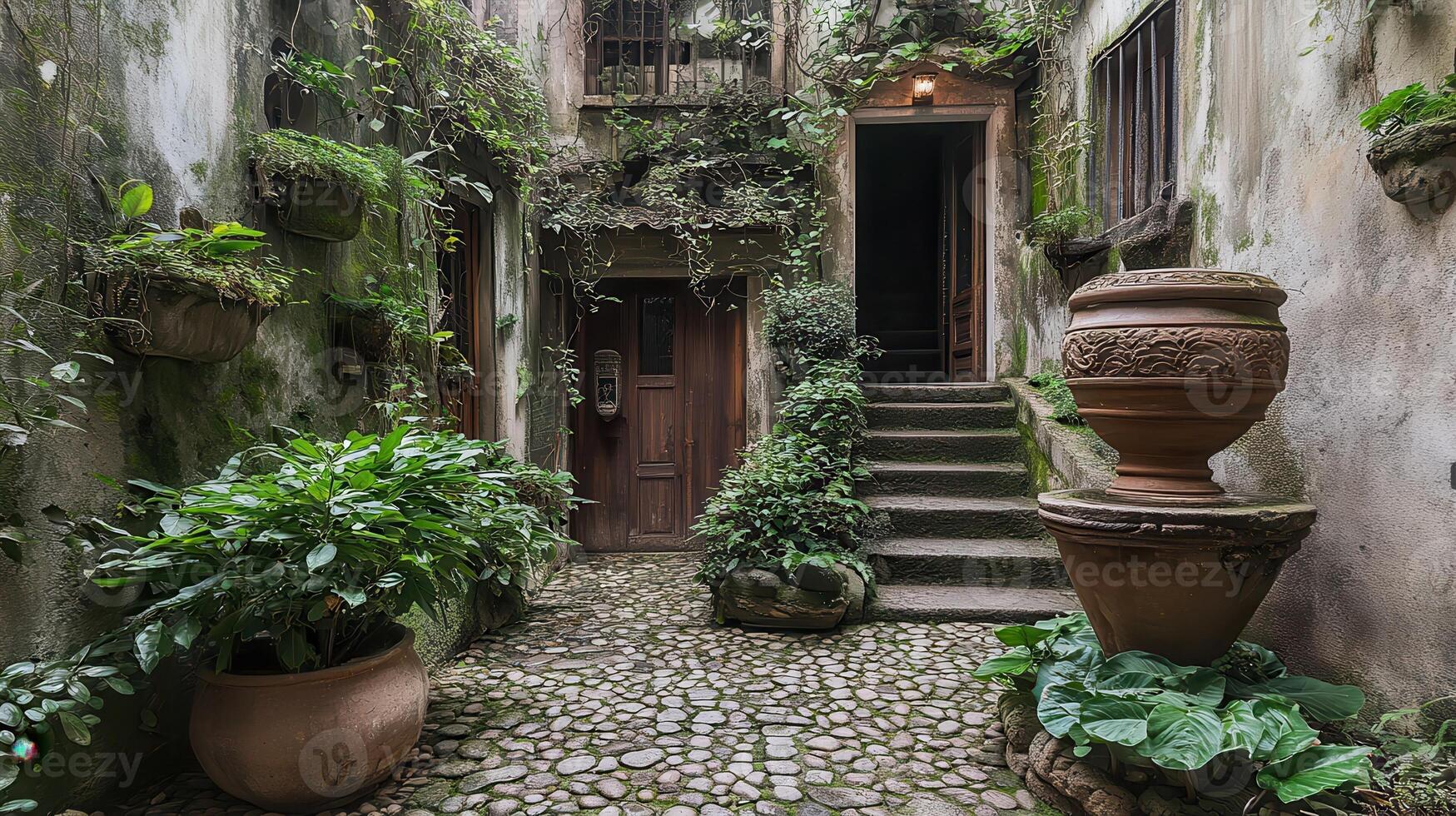 Overgrown Courtyard, Stone Steps, Secret Garden, Italy photo