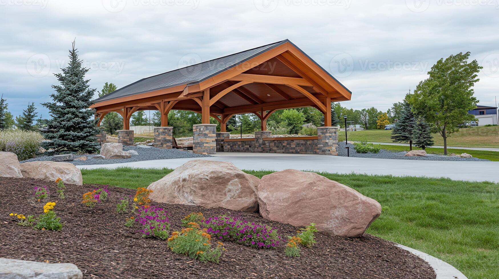 Park Pavilion Landscaping, stone, trees, cloudy sky photo