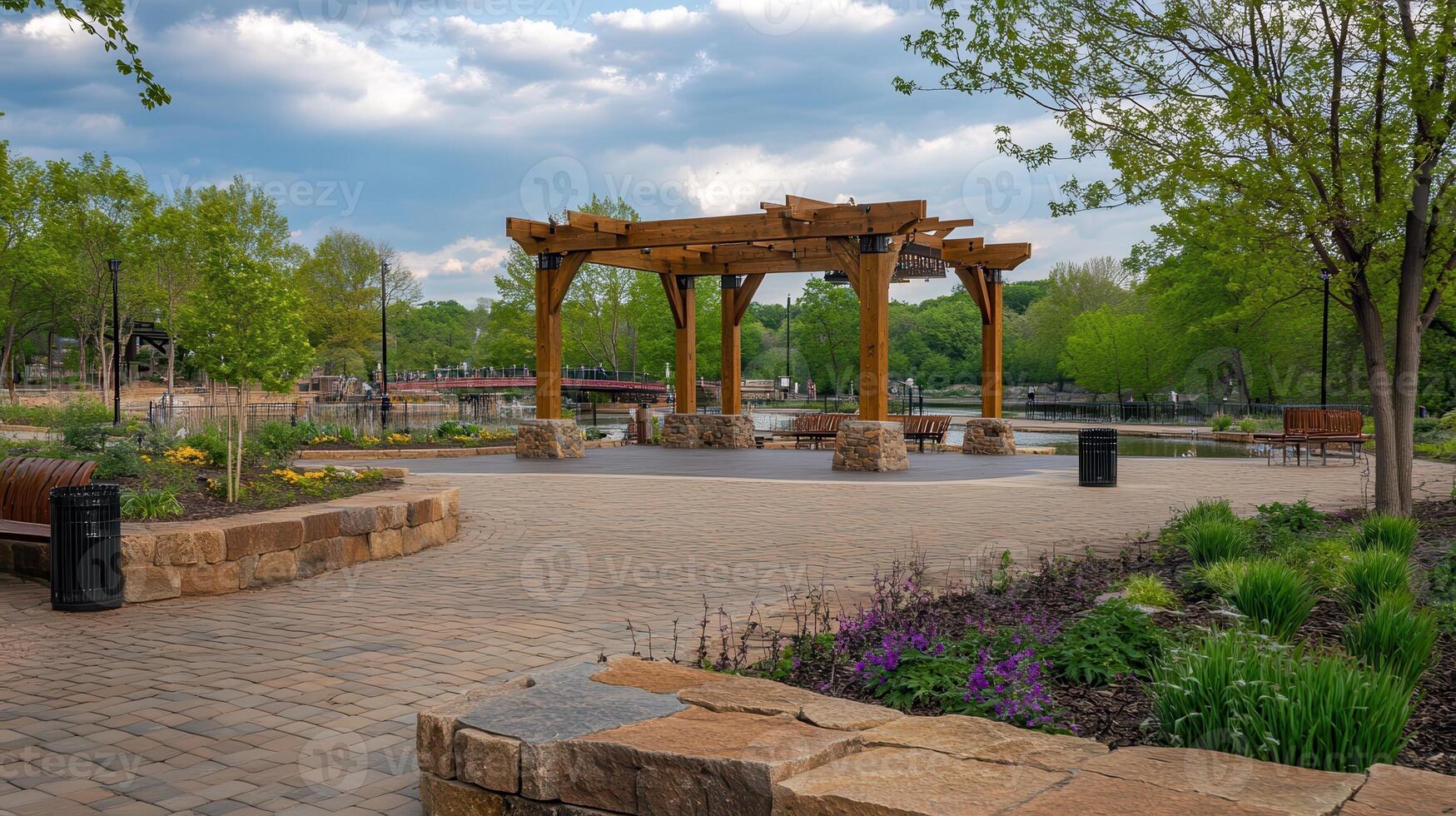 Park pergola, scenic waterway, spring bloom, relaxation photo