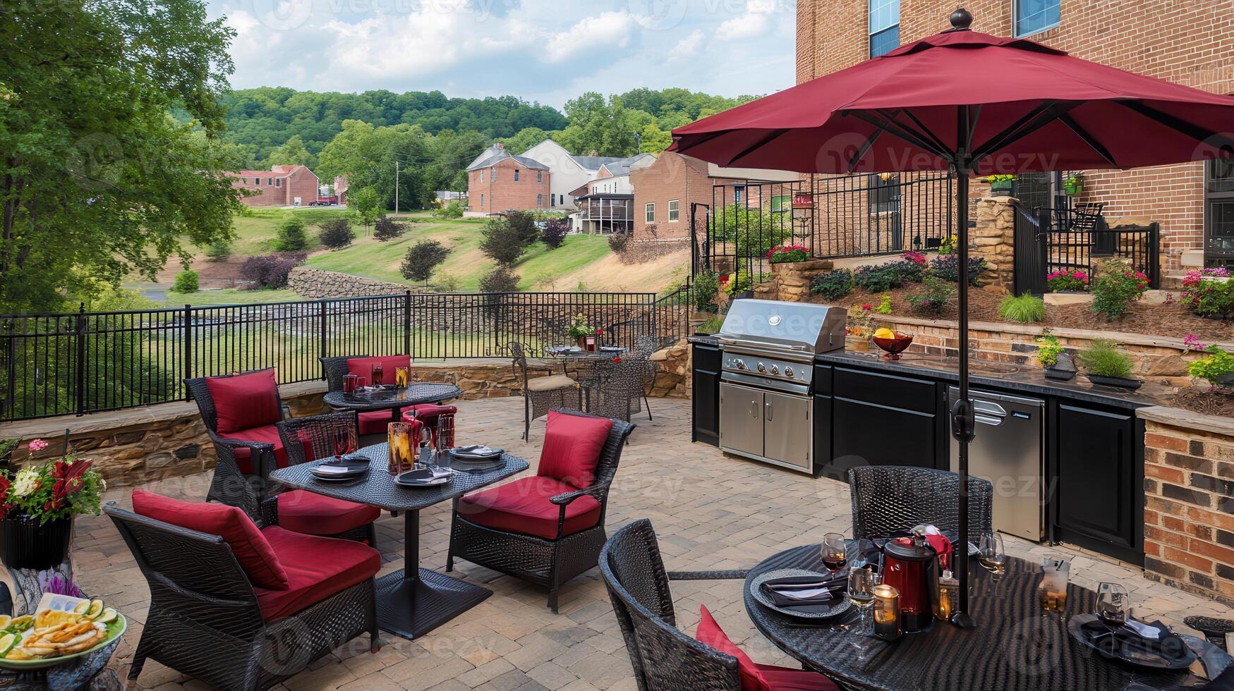 Patio grilling, hilltop town view, outdoor dining photo