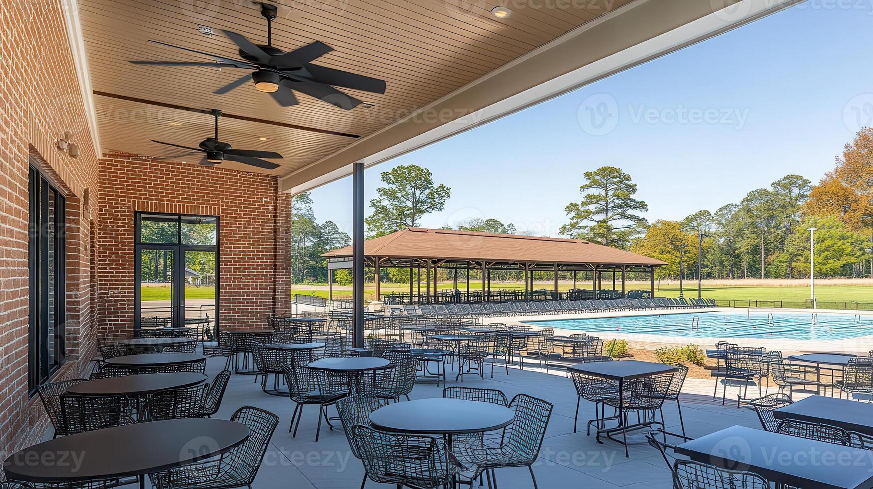 Poolside patio cafe tables sunny day photo
