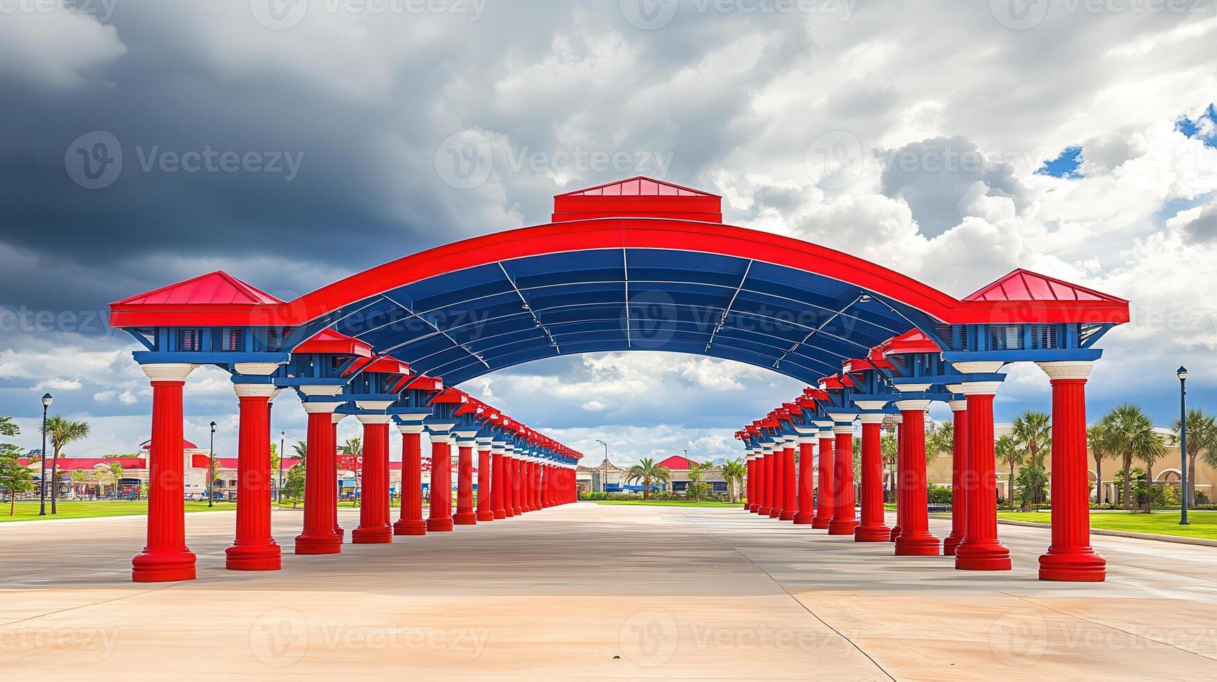 Red blue arched pavilion, outdoor plaza, stormy sky, transportation photo