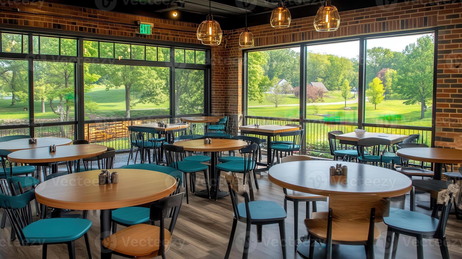 Restaurant interior, tables, chairs, park view, lunch photo