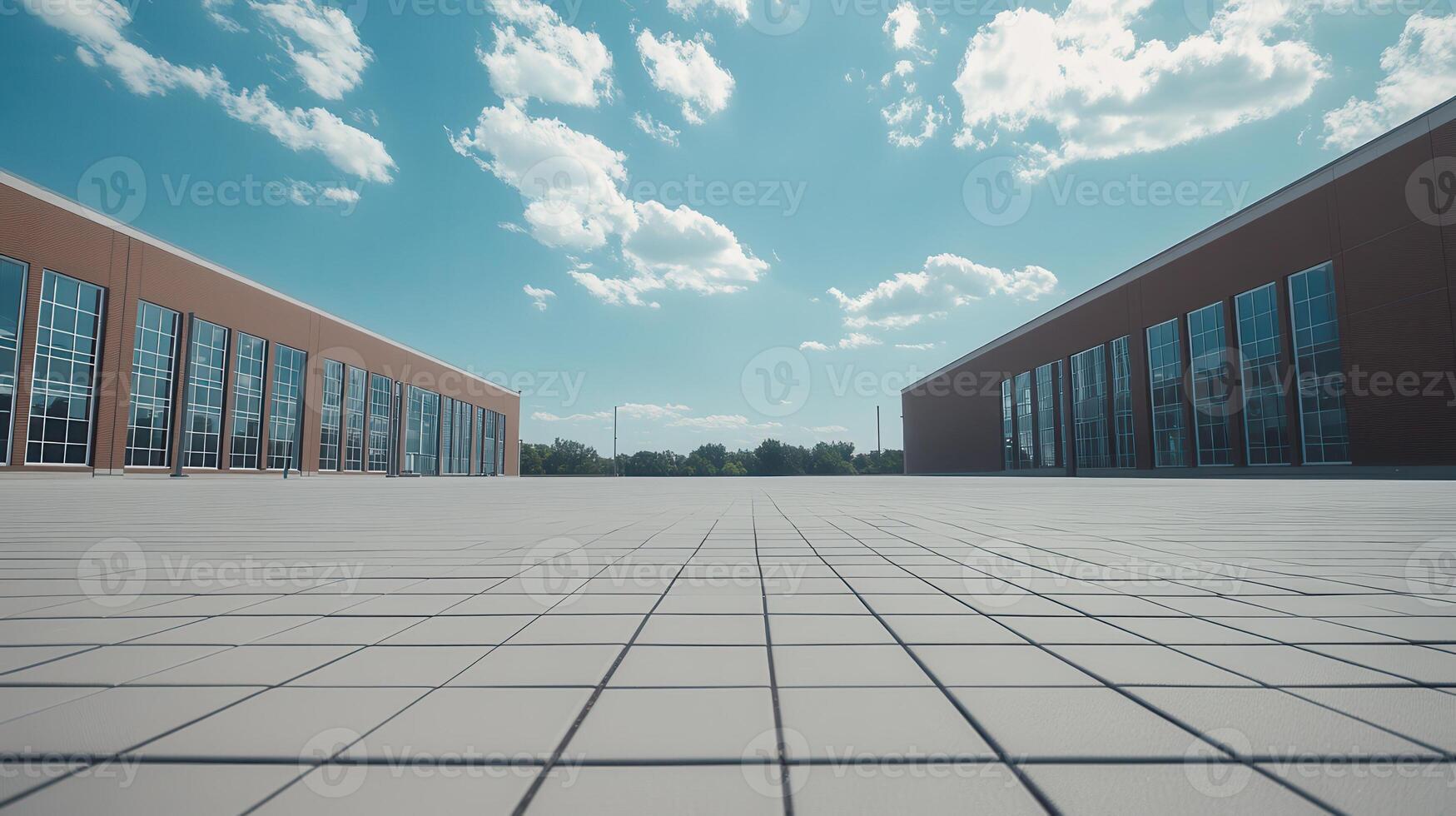Rooftop Plaza Sunny day, expansive view, modern buildings photo