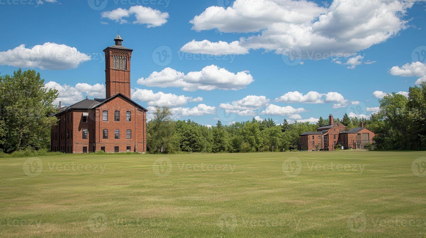 Rural brick buildings, sunny day, field, clouds, historical site photo