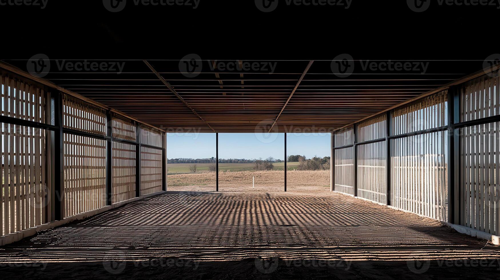 Rural building interior, open frame, sunny field view photo