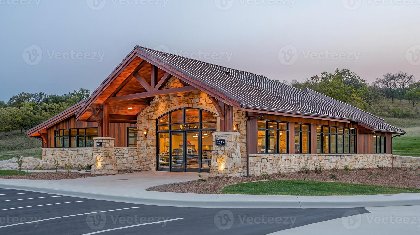 Rustic clubhouse dusk golf course hills photo