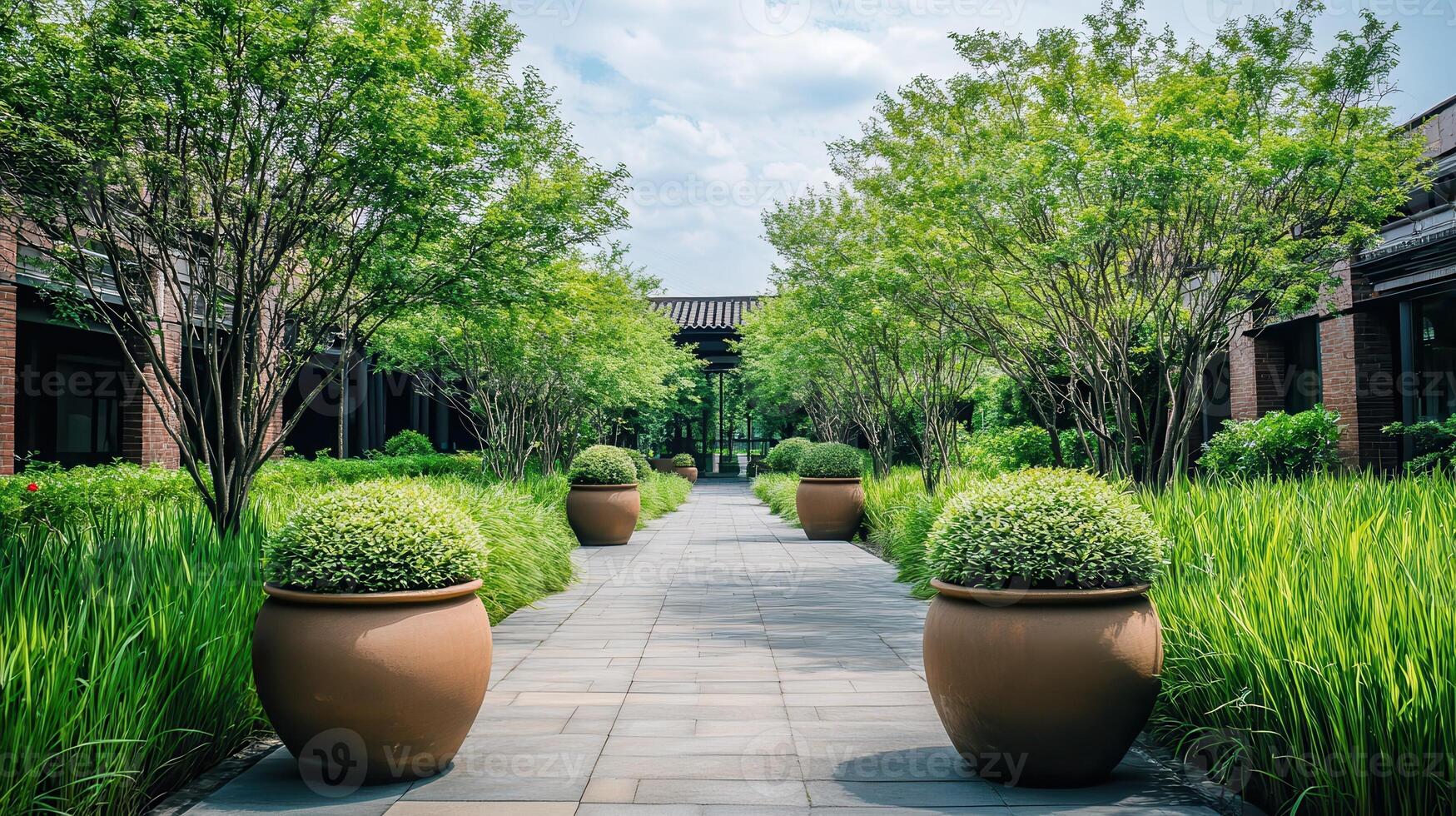 Serene garden path, potted plants, courtyard, tranquil background photo