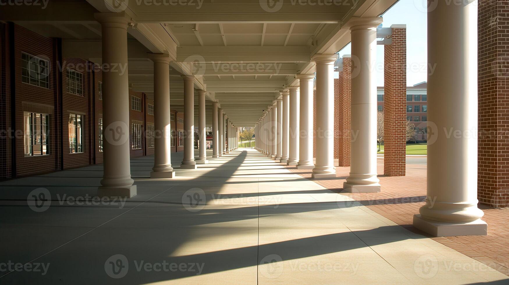Sunlit Colonnade, Campus Walkway, Shadows, Fall photo