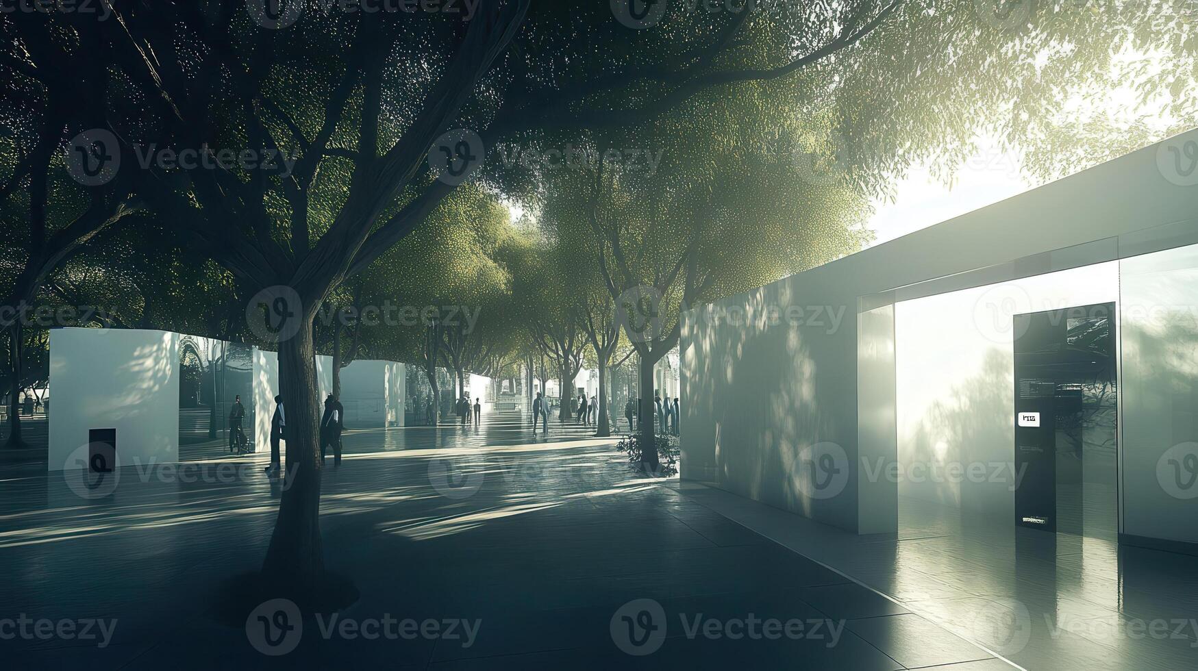 Sunlit park pathway, modern pavilions, people stroll, misty morning, urban oasis photo