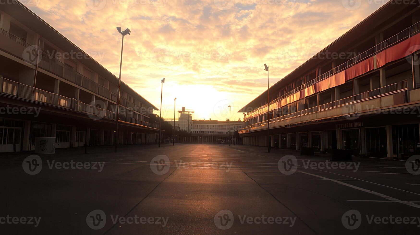 Sunrise over empty plaza, buildings, calm photo
