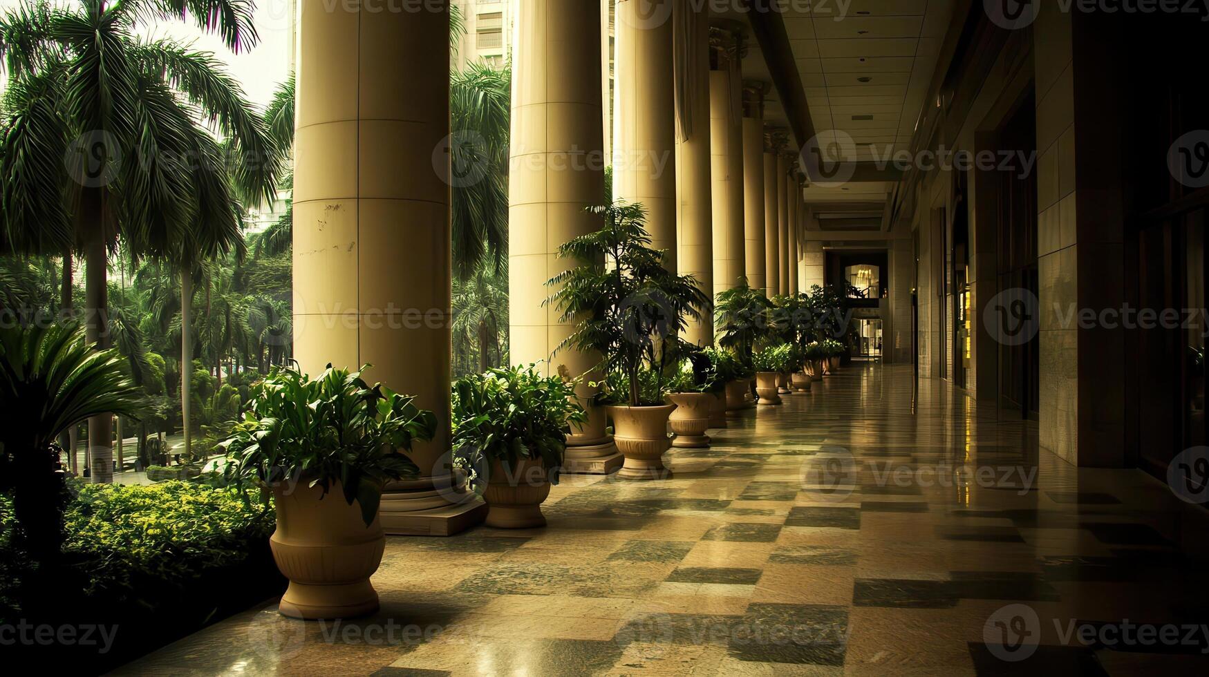 Tropical hotel colonnade, plants, checkered floor photo