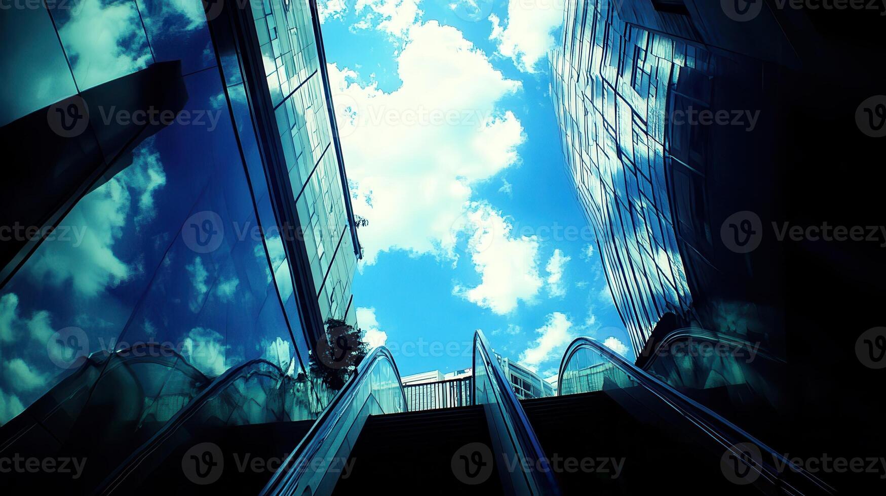 Urban escalator ascends to blue sky, buildings reflect clouds travel concept photo