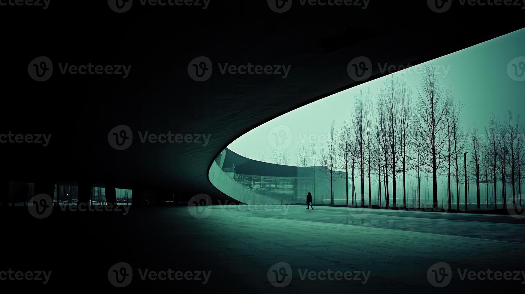 Urban park walkway, person walking, modern architecture, trees, moody photo