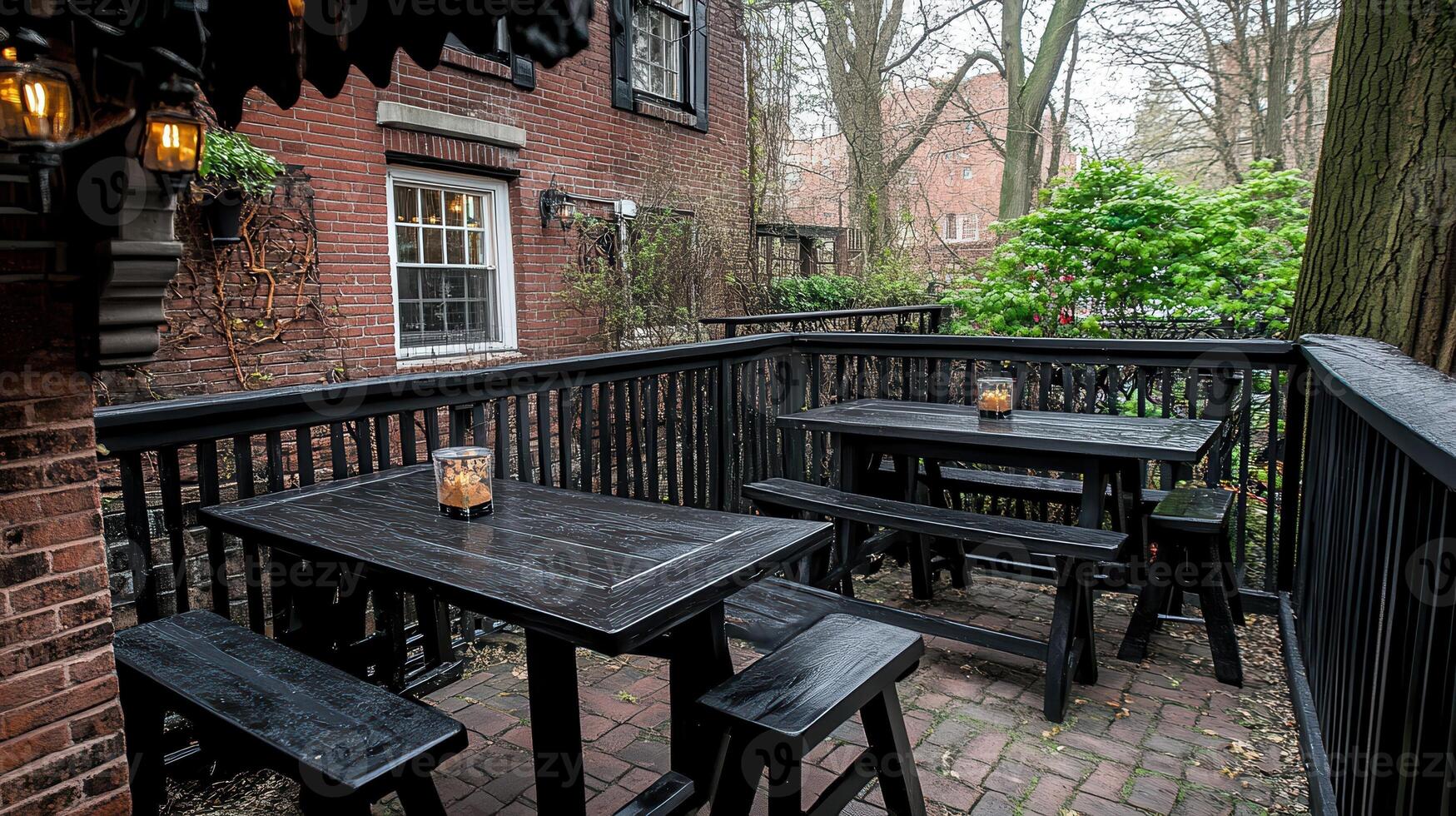 Urban Patio Dining Dark wood tables, brick building backdrop photo