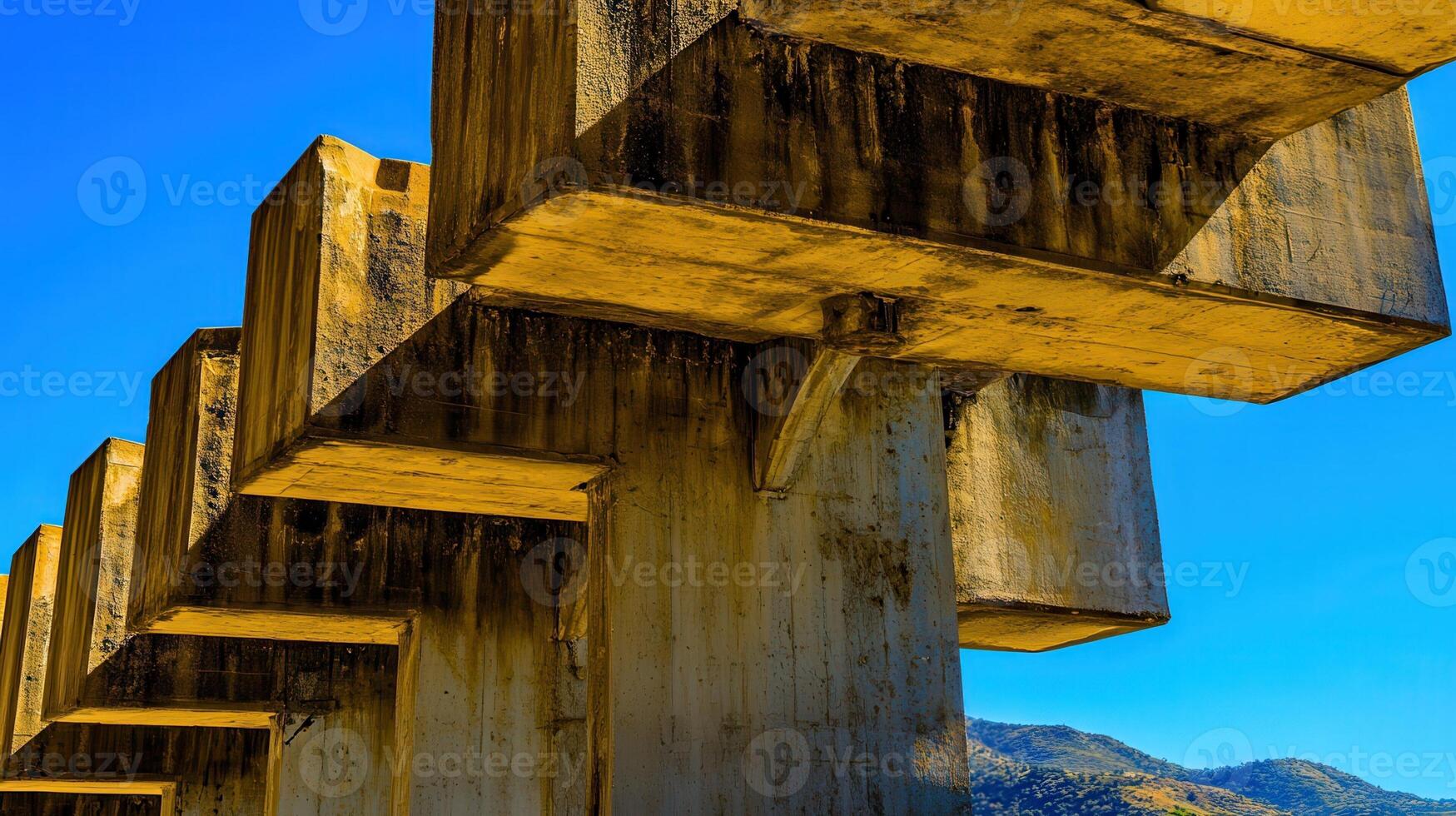 Weathered concrete dam spillway, mountains, blue sky photo