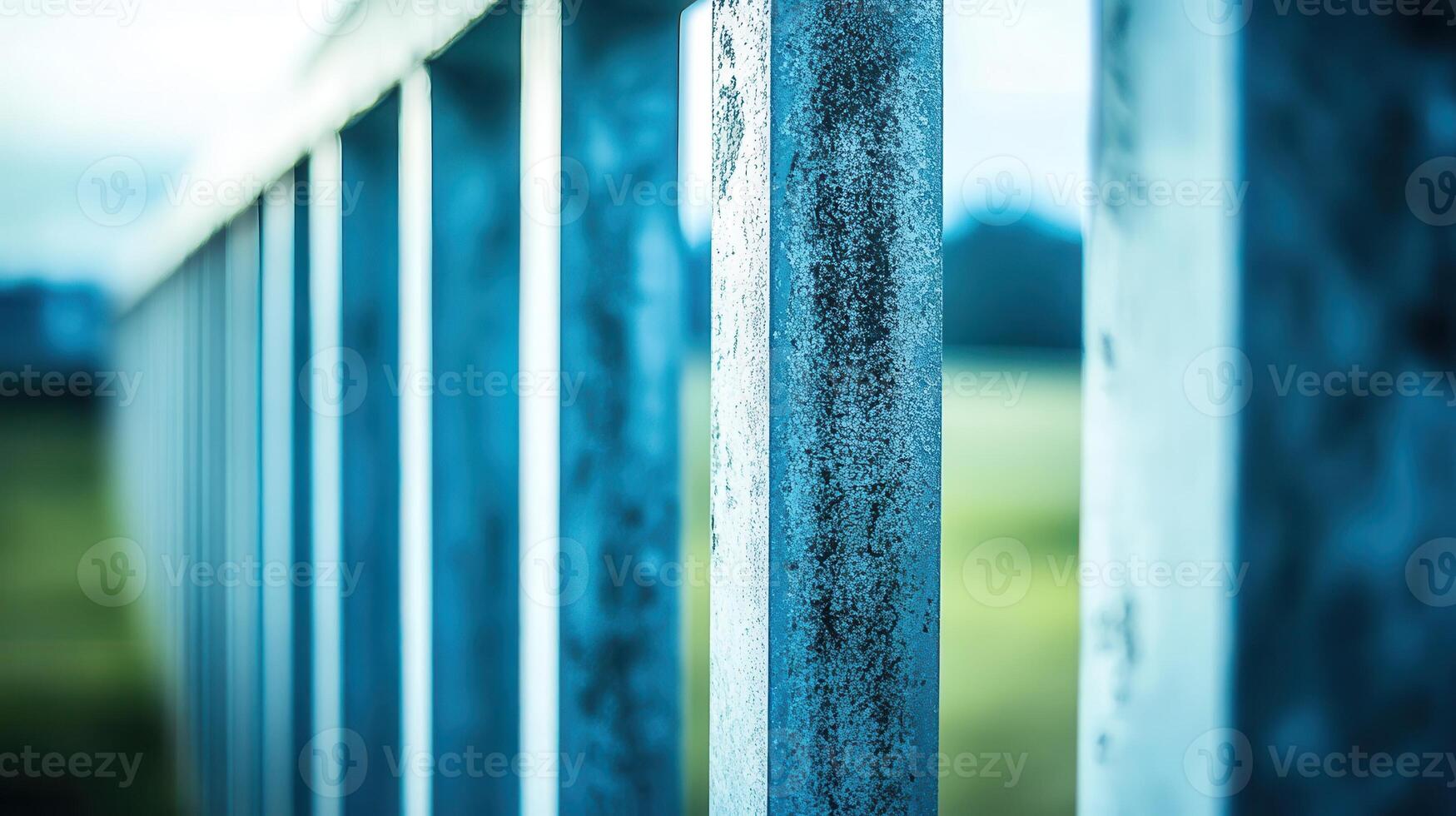 Weathered fence, park view, blurred background, summer photo