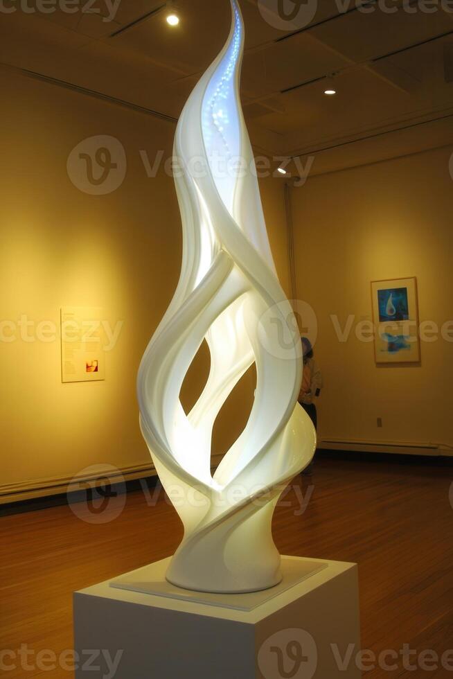A sculpture in an art gallery with a white flame photo