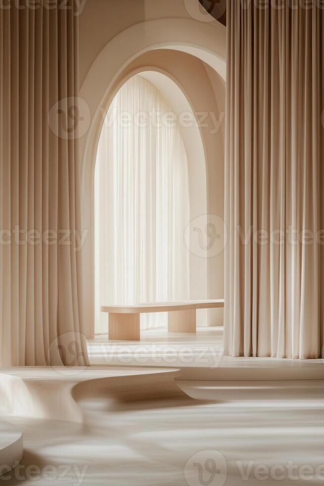 Beige archway interior with soft light and curtains photo