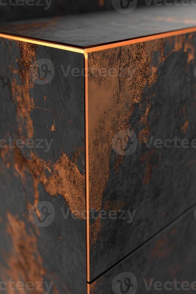 Close-up of dark, textured cabinet with copper trim photo