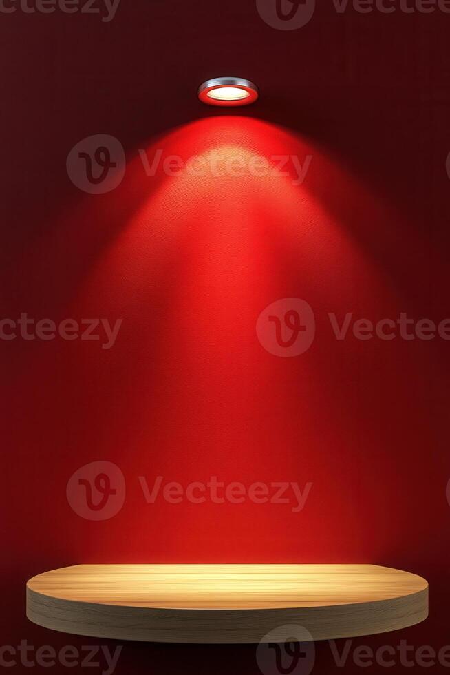 Empty display podium, spotlight on red wall photo