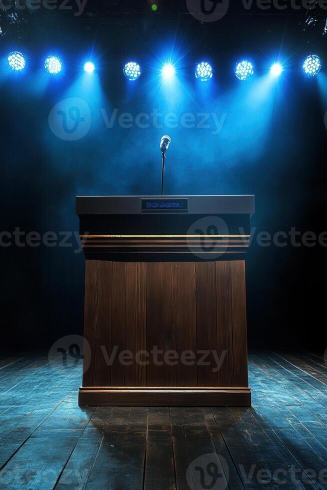 Empty podium on stage under spotlights photo