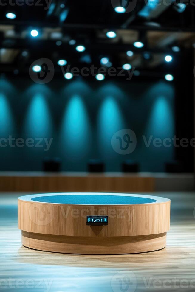 Empty round wooden podium in a modern venue photo