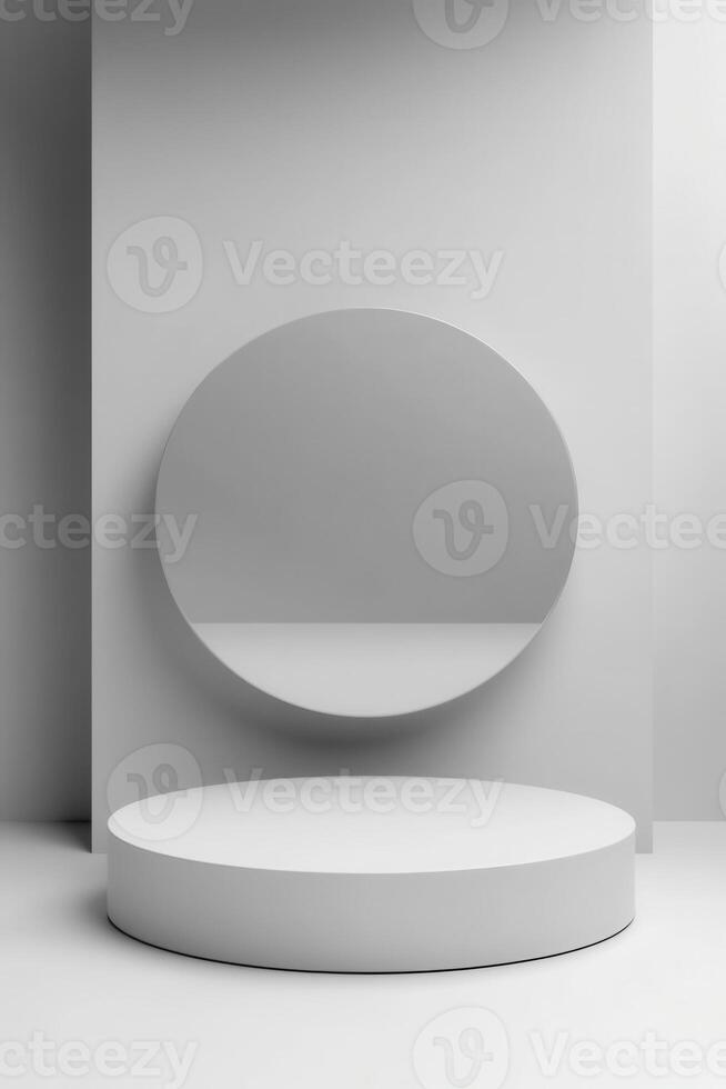 Minimalist white podium with oval, clean studio backdrop photo
