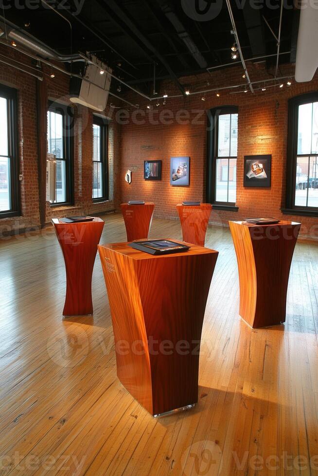 Modern art exhibition space with custom wooden display stands photo