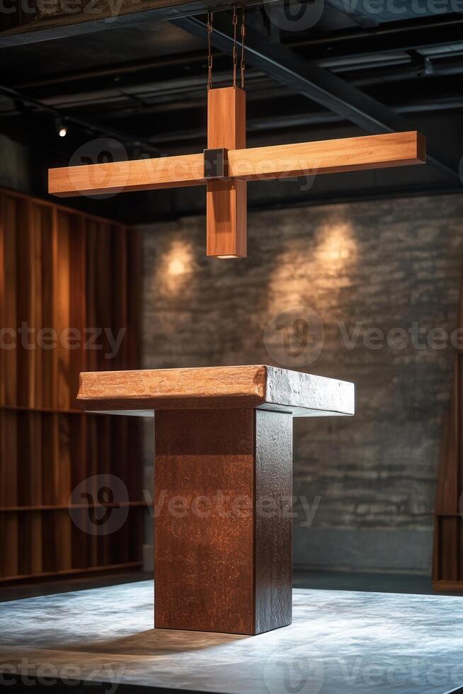 Modern church altar, featuring a wooden cross and a simple, contemporary table photo