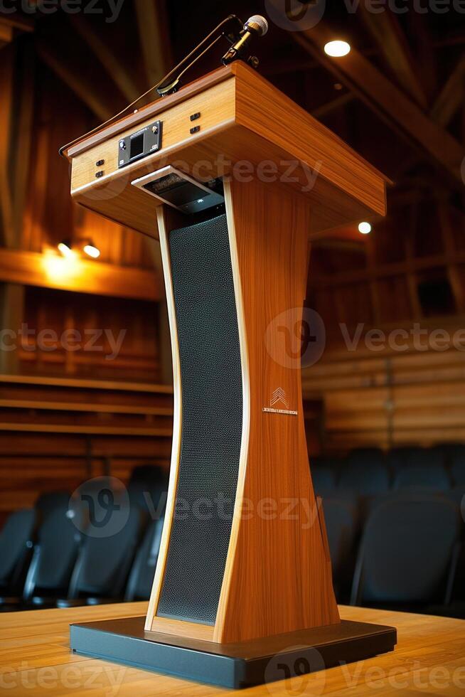 A wooden podium with a microphone on top of it photo