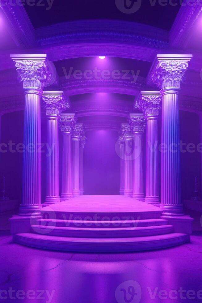 Purple ancient columns, illuminated pathway photo