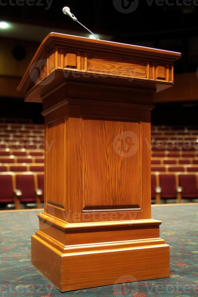 Wooden podium in a conference hall photo